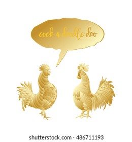 Cock a doodle doo calligraphy writing in speech bubble. Hipster design with roosters. Hand drawing morning roosters birds on white background.