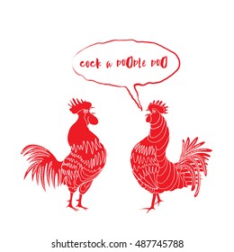 Cock a doodle doo calligraphy writing in speech bubble. Hipster design with roosters. Hand drawing morning roosters birds on white background.