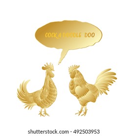 Cock a doodle doo calligraphy writing in speech bubble. Hipster design. Hand drawing morning roosters birds on white background.