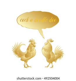 Cock a doodle doo calligraphy writing in speech bubble. Hipster design. Hand drawing morning roosters birds on white background.