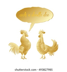 Cock a doodle doo calligraphy writing in speech bubble. Hipster design with roosters. Hand drawing morning roosters birds on white background.