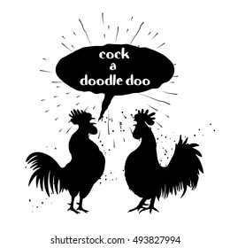 Cock a doodle doo calligraphy writing in speech bubble. Hipster design with roosters. Hand drawing morning roosters birds on white background.