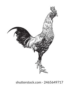 cock fighting hand-drawn etching ink drawing. Engraving of chicken.vector illustration.