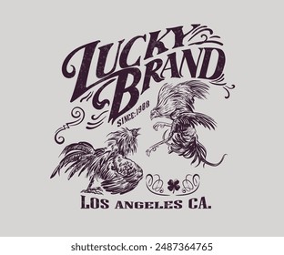 cock fighting rooster vector illustration, lucky brand vintage typography design, vintage rooster artwork for t shirt, embroidery, graphic print