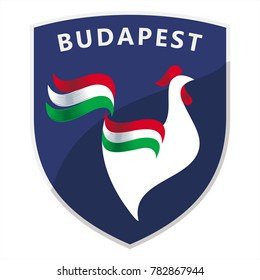 Cock, flag of Hungary, Budapest Emblem on a blue shield, illustration, vector