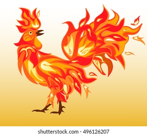 Cock in flames on a fiery background, a symbol of the new year on the Chinese calendar. Rooster brightly burning in the fire. vector illustration for website, flyers, greeting cards, different design.