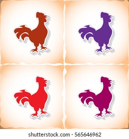 Cock. Flat sticker with shadow on old paper. Vector illustration