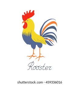 Cock in flat style. Rooster symbol of Chinese New Year. Vector illustration. In full growth. Bright cockerel on a white background.