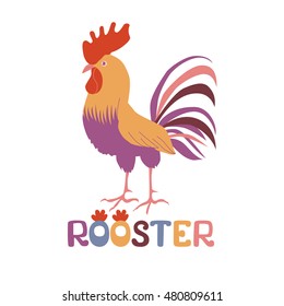 Cock in flat style. Rooster symbol of Chinese New Year. Vector illustration. In full growth. Bright cockerel on a white background.