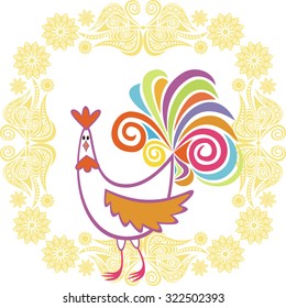 Cock and floral nature pattern card vector illustration