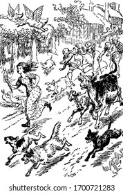 Cock and Fox, this scene shows many people and various animals are running, facing left side, vintage line drawing or engraving illustration