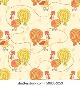Cock funny cartoon pattern. Rooster pattern. 