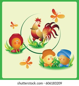 Cock. Funny chicken eggs.The composition, the frame with the spring grass. Design for farmers, agricultural products. Vector image.
