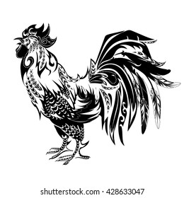 Cock in hand-drawing style doodle. Drawn with ink and pen. Rooster symbol of Chinese New Year. Vector illustration. In full growth.