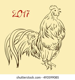 Cock in hand-drawing style doodle. Drawn with ink and pen. Rooster symbol of Chinese New Year. Vector illustration. In full growth. 2017