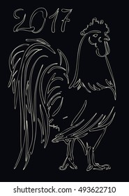Cock in hand-drawing style doodle. Drawn with ink and pen. Rooster symbol of Chinese New Year. Vector illustration. In full growth.