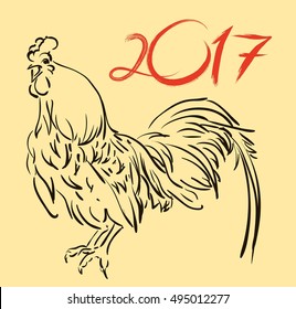 Cock in hand-drawing style doodle. Drawn with ink and pen. Rooster symbol of Chinese New Year. Vector illustration. In full growth.