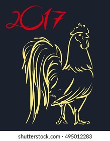 Cock in hand-drawing style doodle. Drawn with ink and pen. Rooster symbol of Chinese New Year. Vector illustration. In full growth.