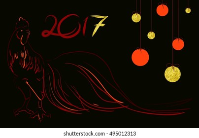 Cock in hand-drawing style doodle. Drawn with ink and pen. Rooster symbol of Chinese New Year. Vector illustration. In full growth. a golden luster texture