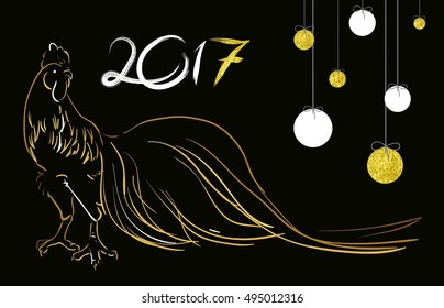 Cock in hand-drawing style doodle. Drawn with ink and pen. Rooster symbol of Chinese New Year. Vector illustration. In full growth. a golden luster texture