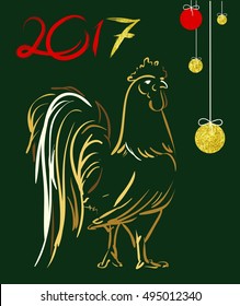 Cock in hand-drawing style doodle. Drawn with ink and pen. Rooster symbol of Chinese New Year. Vector illustration. In full growth. a golden luster texture