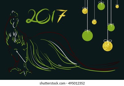 Cock in hand-drawing style doodle. Drawn with ink and pen. Rooster symbol of Chinese New Year. Vector illustration. In full growth. a golden luster texture