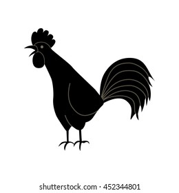 Cock in hand-drawing style. Rooster symbol of Chinese New Year. Vector illustration. In full growth. Isolated bird on white background
