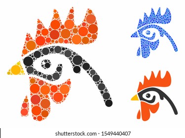 Cock head composition of circle elements in different sizes and color hues, based on cock head icon. Vector round elements are united into blue composition.