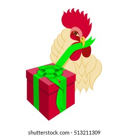 Cock head with gift box. Rooster bird opens present. Vector illustration of rooster, symbol of 2017 on the Chinese calendar. Isolated on white background.