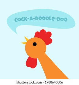 Cock head and speech bubble. Cock-a-doodle-doo text. Close-up portrait of a singing rooster in flat cartoon style. Vector illustration svg