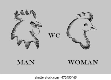 Cock and hen. Man and woman symbol. The sign on the toilet. Hand drawn vector stock illustration.