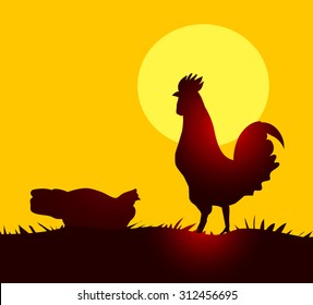 Cock & Hen at Morning Sunrise