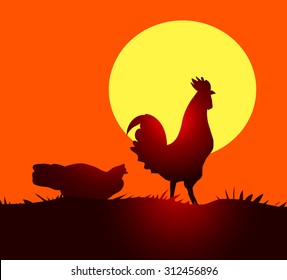 Cock & Hen at Morning Sunrise