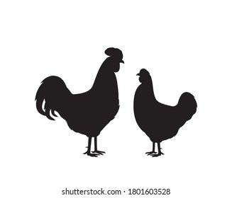 Cock and hen silhouette isolated on white background, vector. Cartoon art design. Farm animals. Wall Decals, Wall Art Decoration. Wall artwork