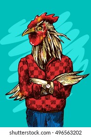 Cock in hipster costume. Vector illustration for greeting card, poster, or print on clothes. Fashion Style drawing. A symbol of 2017.