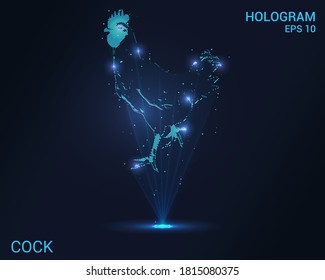 Hologramm des Hähnchens Holografische Projektion eines Hahns. Ein flackernder Energiestrom der Partikel. Wissenschaftliches Dachdesign.