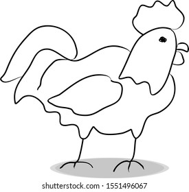Cock icon, flat design, hand drawing. Illustration bird, contour of symbol black