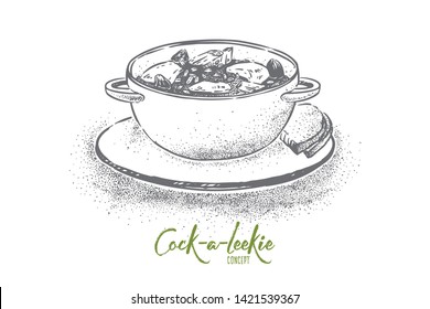 Cock a leekie, national cooking, leek and chicken broth with pepper, delicious dish with bread, tasty dinner. Scottish traditional vegetable soup concept sketch. Hand drawn vector illustration