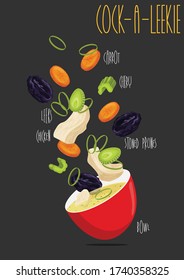 Cock a leekie soup, scottish traditional cuisine. Vector illustration