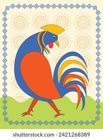 Cock in Madhubani Style: Vibrant Folk Art Painting. Madhubani Cock Illustration, Traditional Indian Folk Art, Colorful Bird Painting, Ethnic Wall Decor Design.