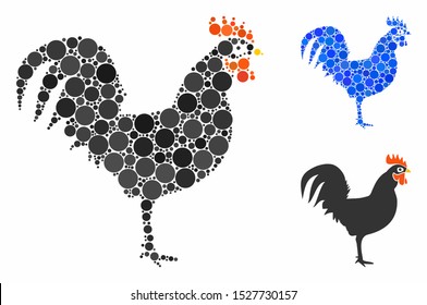 Cock mosaic of filled circles in different sizes and shades, based on cock icon. Vector filled circles are composed into blue collage. Dotted cock icon in usual and blue versions.
