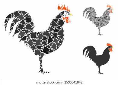 Cock mosaic of humpy parts in variable sizes and shades, based on cock icon. Vector trembly parts are organized into mosaic. Cock icons collage with dotted pattern. svg