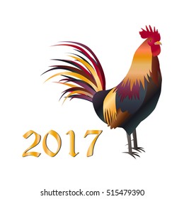 Cock and numbers 2017. Rooster, symbol of New 2017 - according to Chinese calendar Year of red fiery cock. Pet bird. Vector clipart, fully editable and infinitely scalable. Greeting card.