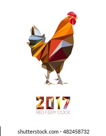 Cock and numbers 2017 in style of polygons. Rooster, symbol of New 2017 - according to Chinese calendar Year of red fiery cock. Pet bird. Vector clipart, fully editable and infinitely scalable