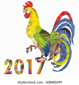 Cock and numbers 2017 in style of polygons. Rooster, symbol of New 2017 - according to Chinese calendar Year of red fiery cock. Pet bird. Vector clipart, fully editable and infinitely scalable