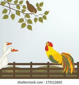 A cock on the fence with  gooses