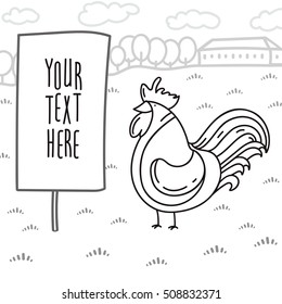 Cock on grass. Black  white contour image. Landscape with a rooster and a sign for inscription.