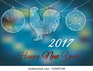 Cock. Ornament on a blue backgrounds. Symbol 2017. Rooster 2017. Oriental pattern. Christmas lights. Holiday card, banner