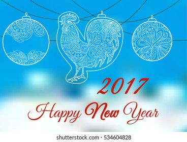 Cock. Ornament on a blue and white backgrounds. Symbol 2017. Rooster 2017. Oriental pattern. Christmas lights. Holiday card, banner
