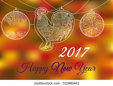 Cock. Ornament on a red backgrounds. Symbol 2017. Rooster 2017. Oriental pattern. Christmas lights. Holiday card, banner